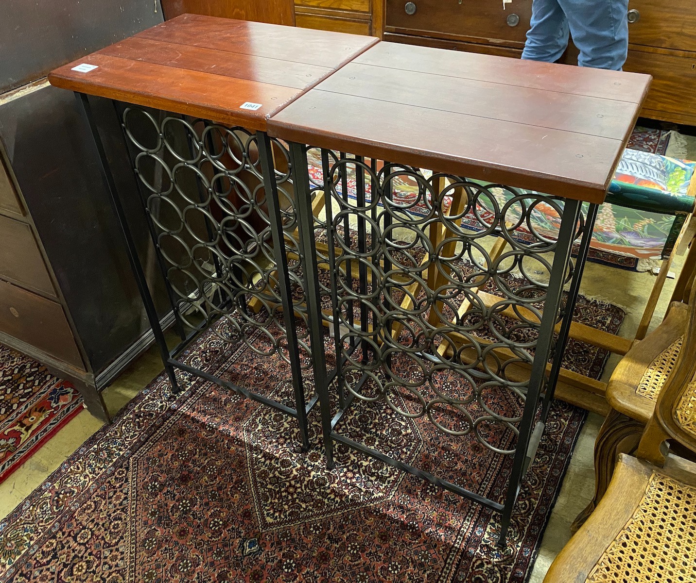 A pair of contemporary hardwood topped wrought iron wine tables, width 50cm, depth 40cm, height 92cm